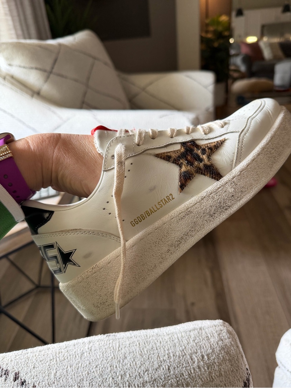 Golden Goose Off-White Leather Sneaker with Leopard Star Accent
